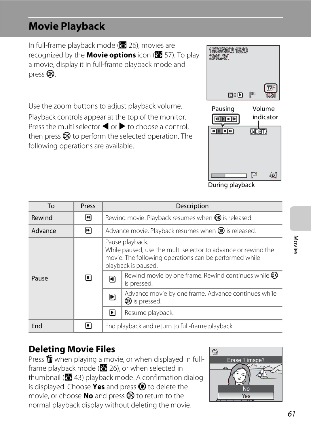 Nikon COOLPIXS210P, COOLPIXS210CB manual Movie Playback, Deleting Movie Files 