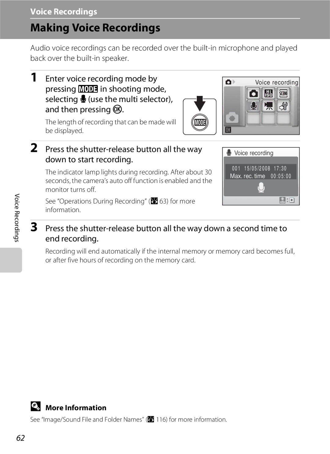 Nikon COOLPIXS210CB Making Voice Recordings, Enter voice recording mode by, Press the shutter-release button all the way 