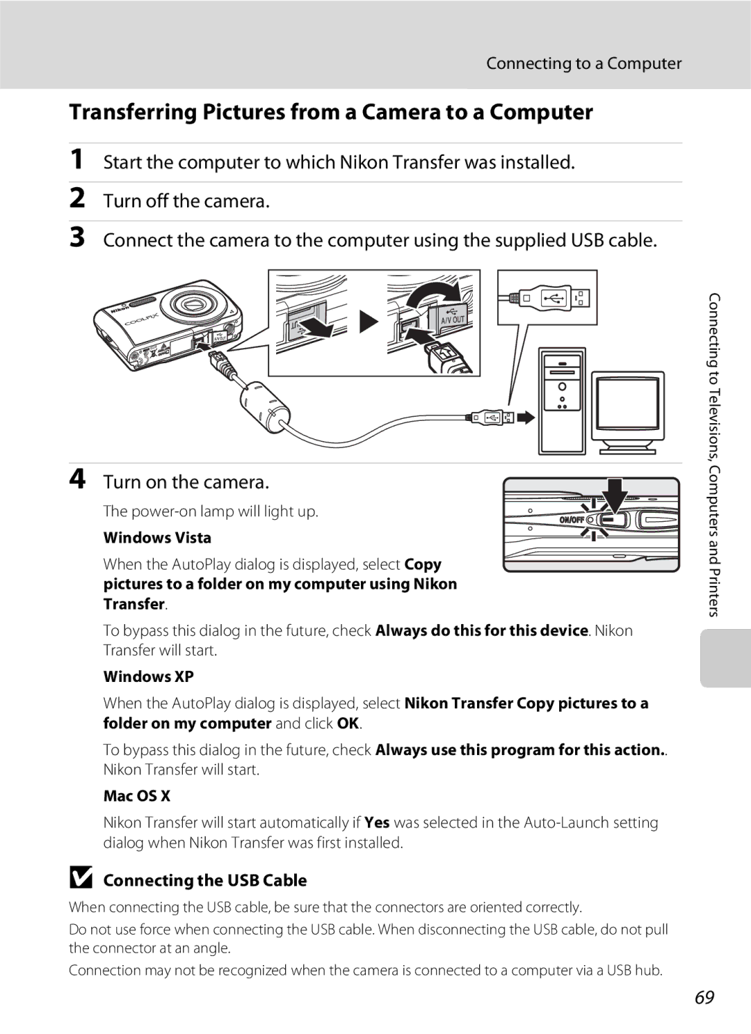 Nikon COOLPIXS210P Transferring Pictures from a Camera to a Computer, Turn on the camera, Connecting to a Computer, Mac OS 