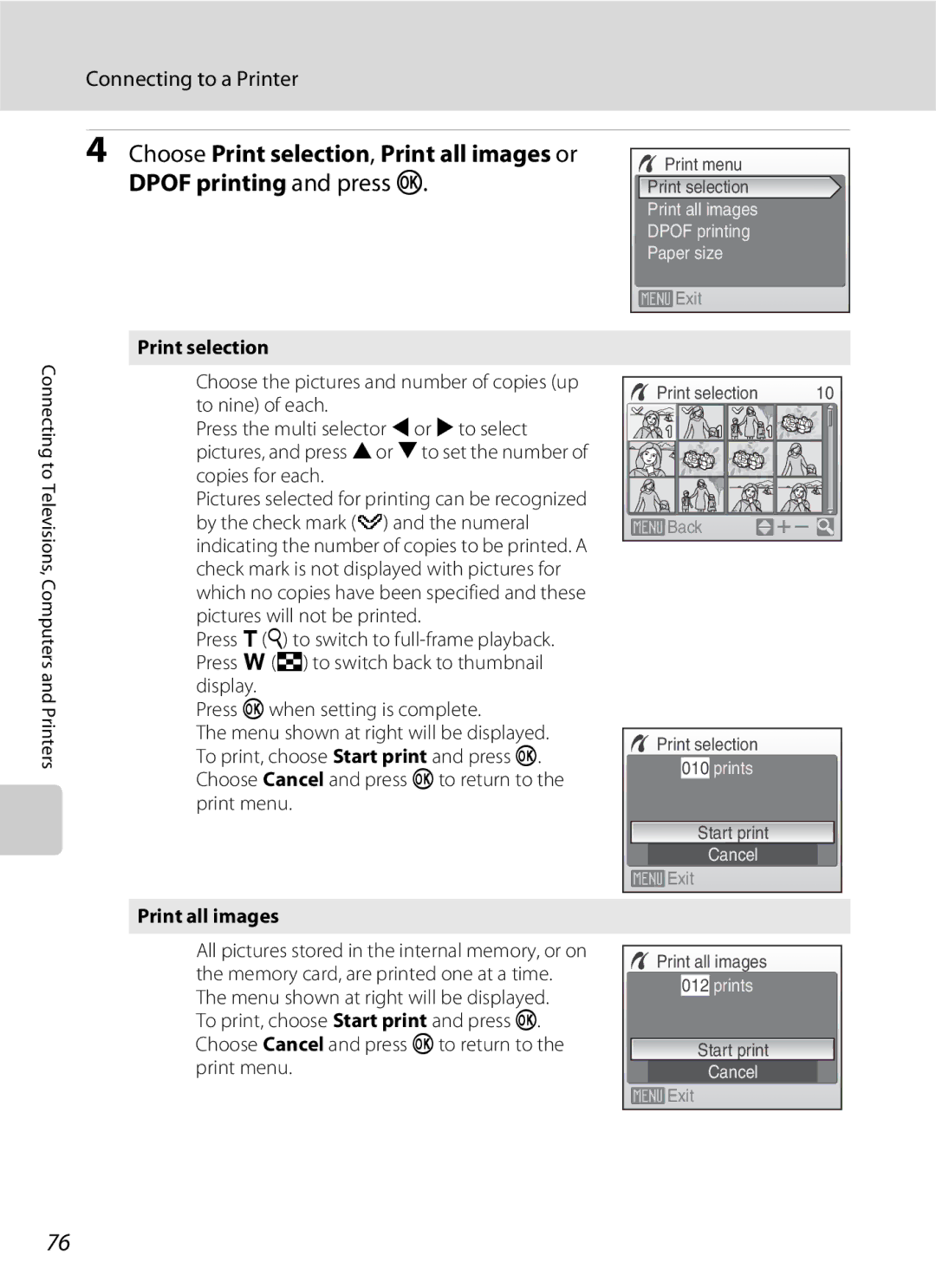 Nikon COOLPIXS210CB, COOLPIXS210P manual Print selection, Print all images 