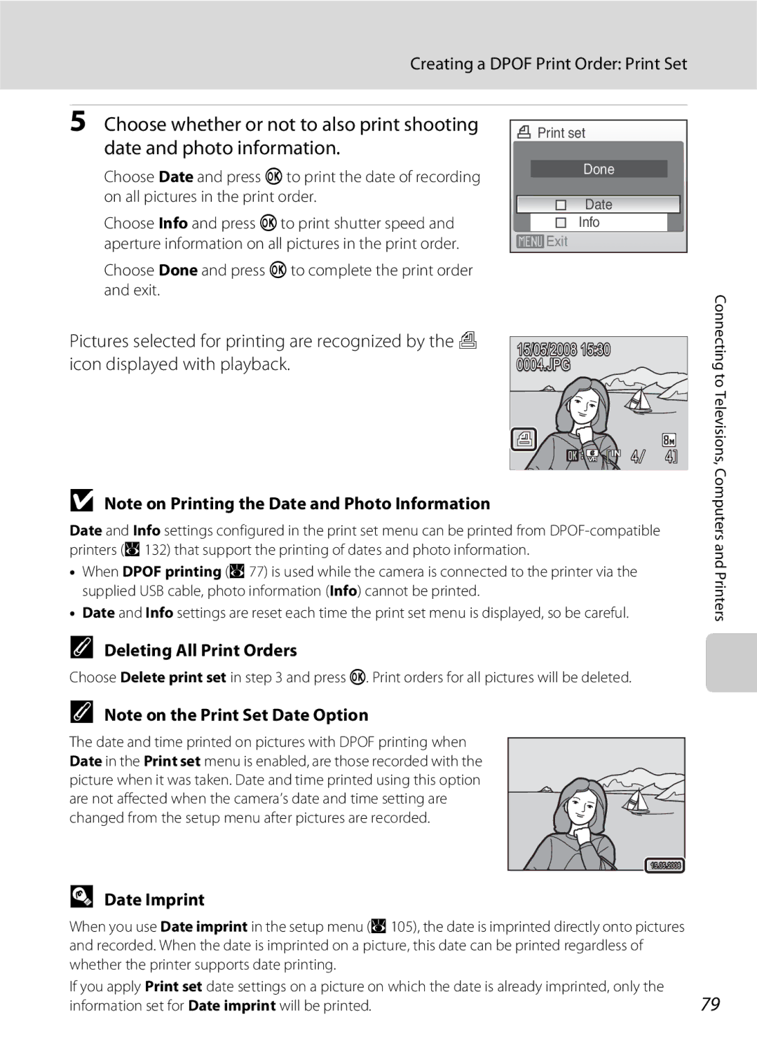 Nikon COOLPIXS210P, COOLPIXS210CB manual Creating a Dpof Print Order Print Set, Deleting All Print Orders, Date Imprint 