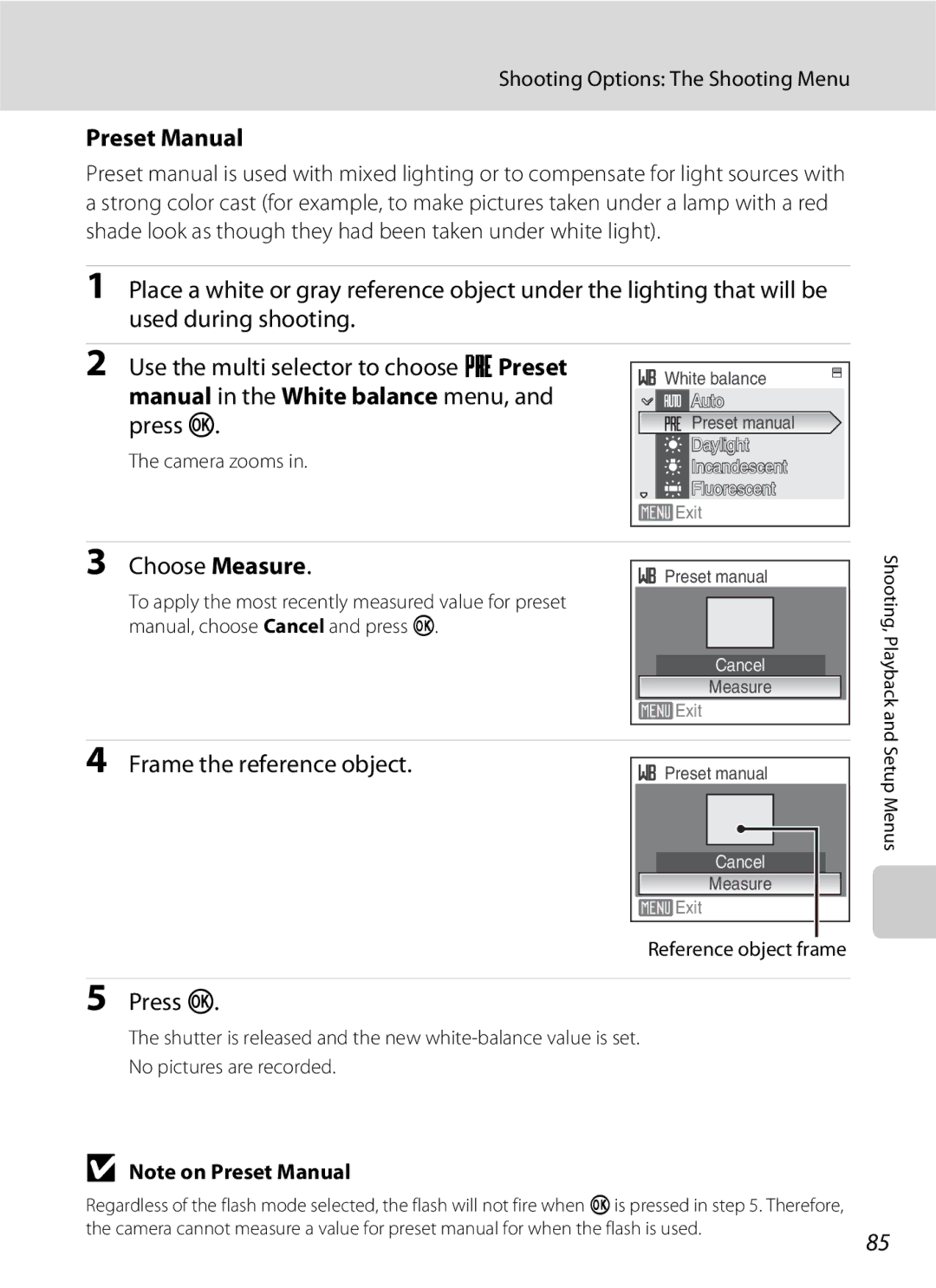 Nikon COOLPIXS210P, COOLPIXS210CB manual Preset Manual, Manual in the White balance menu, and press k, Choose Measure 