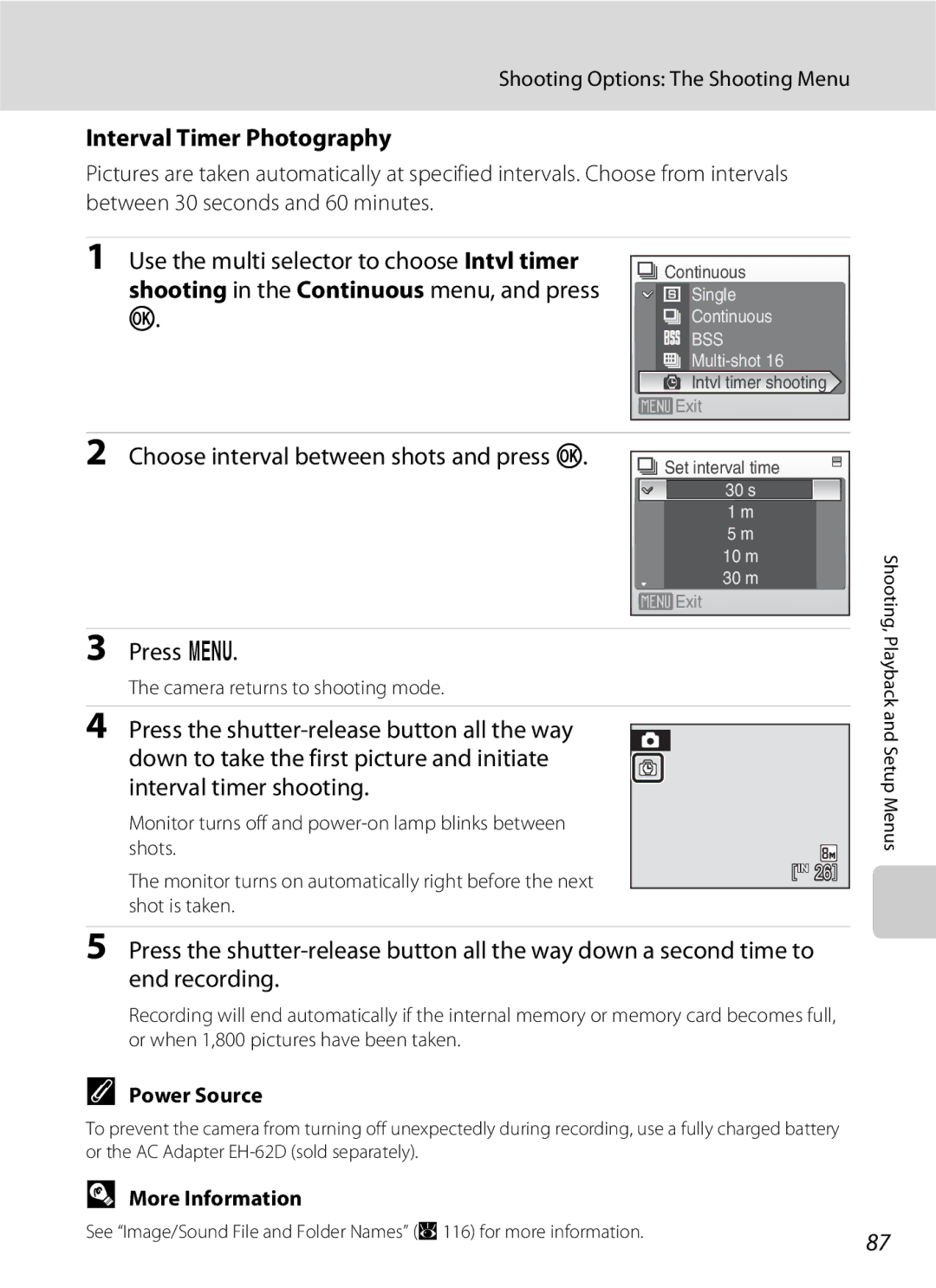 Nikon COOLPIXS210P, COOLPIXS210CB Interval Timer Photography, Use the multi selector to choose Intvl timer, Power Source 