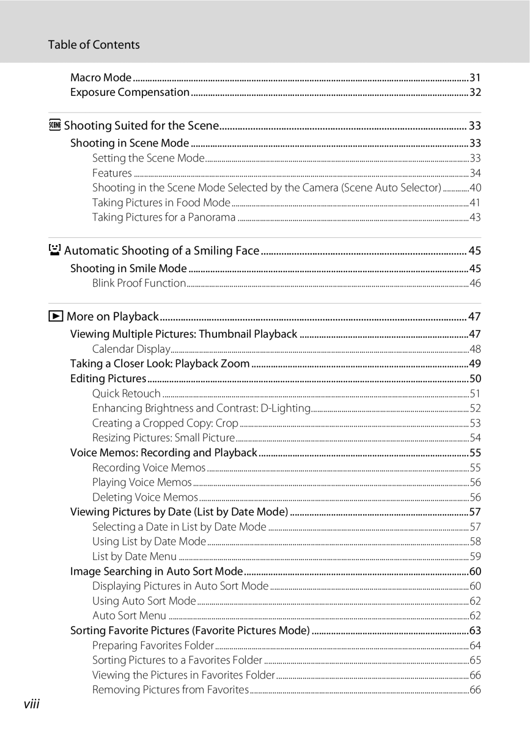 Nikon COOLPIXS220CB, COOLPIXS220P, COOLPIXS220GB user manual Viii, Table of Contents 