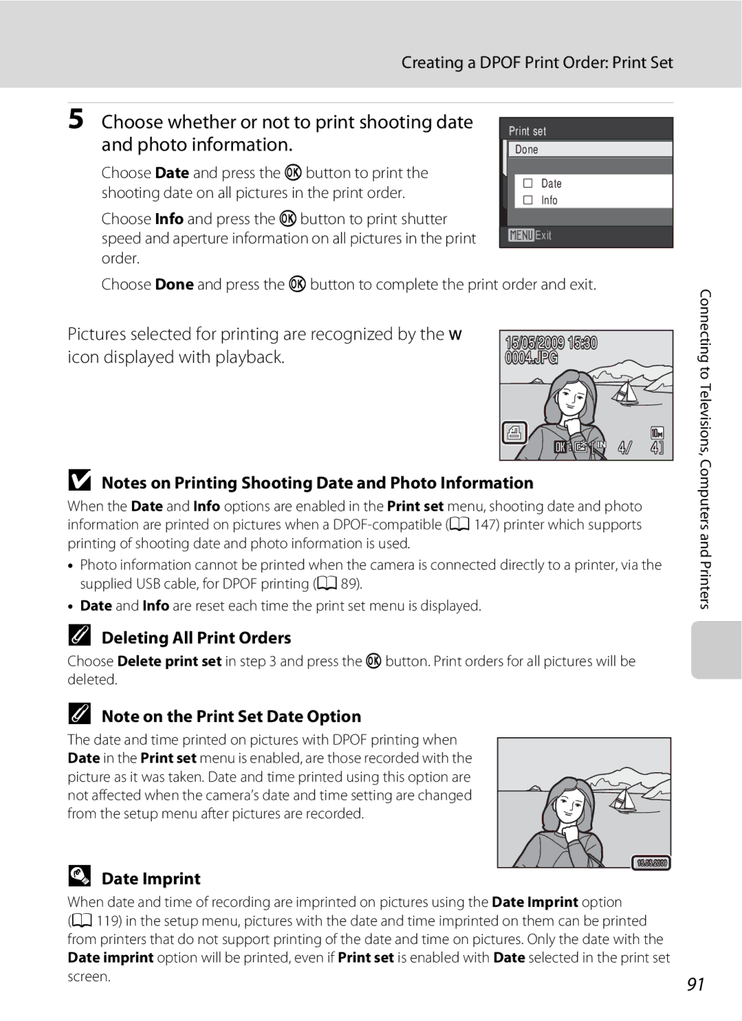 Nikon COOLPIXS220CB Choose whether or not to print shooting date, Photo information, Creating a Dpof Print Order Print Set 