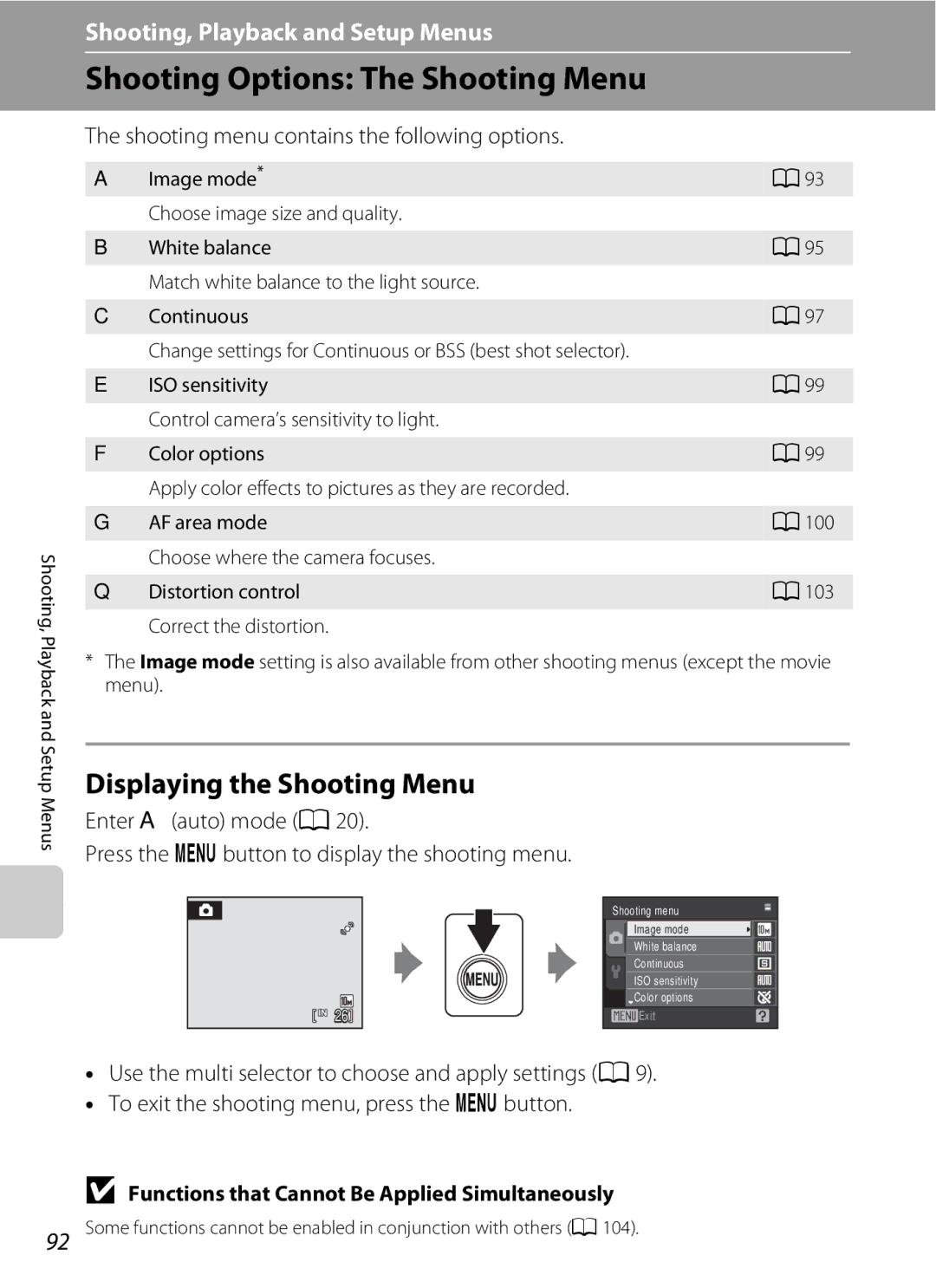 Nikon COOLPIXS220GB, COOLPIXS220P, COOLPIXS220CB user manual Shooting Options The Shooting Menu, Displaying the Shooting Menu 