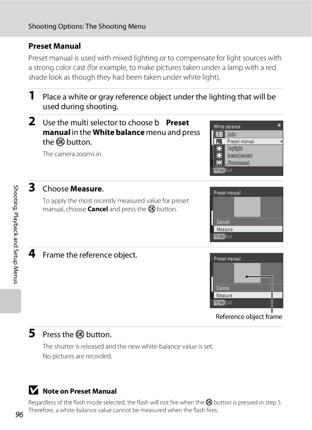 Nikon COOLPIXS220P Preset Manual, Manual in the White balance menu and press the k button, Choose Measure, Camera zooms 