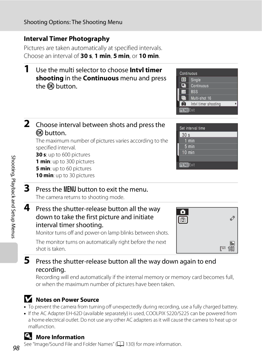 Nikon COOLPIXS220GB, COOLPIXS220P, COOLPIXS220CB Interval Timer Photography, Use the multi selector to choose Intvl timer 