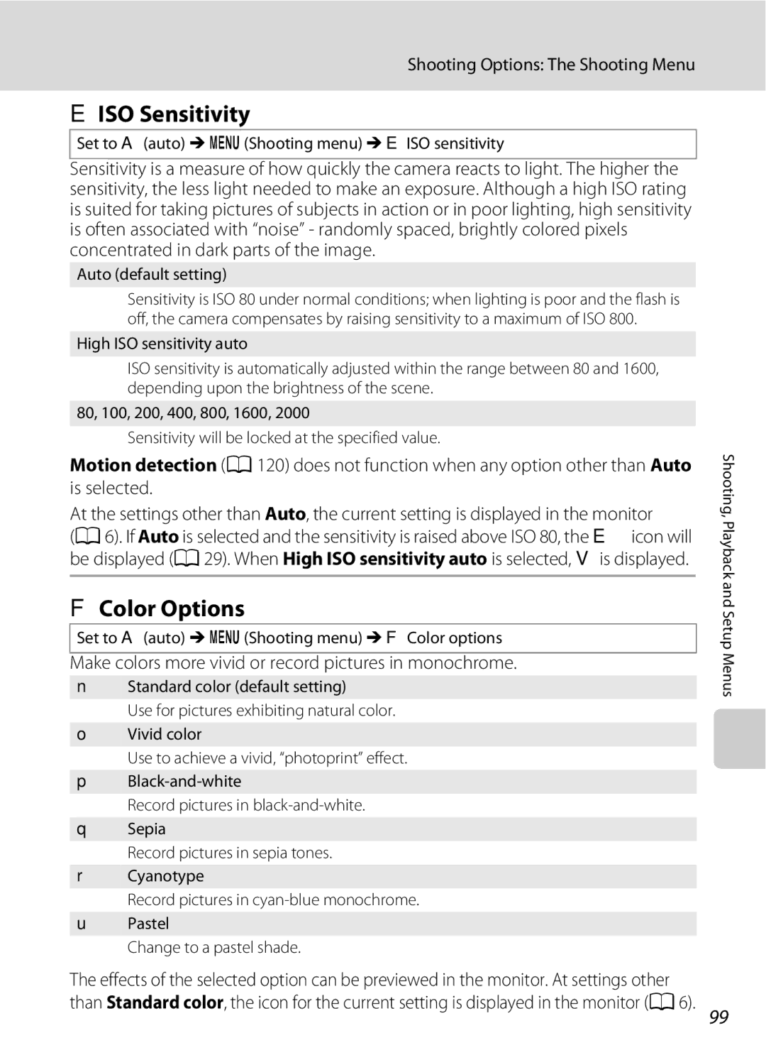 Nikon COOLPIXS220P user manual Eiso Sensitivity, FColor Options, Make colors more vivid or record pictures in monochrome 