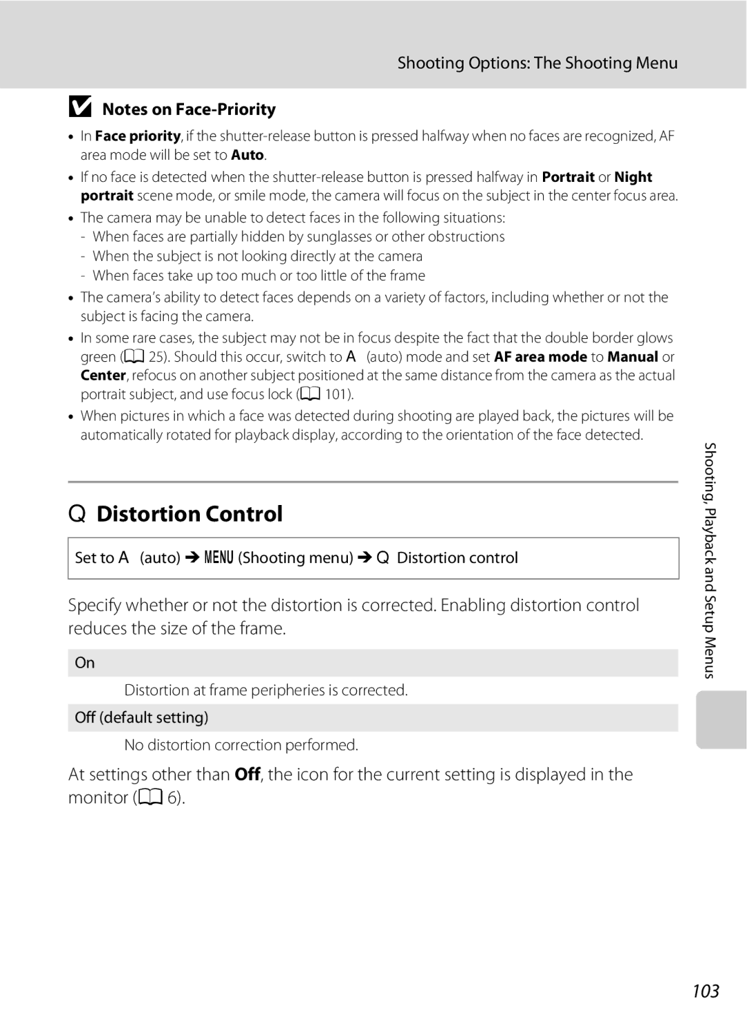 Nikon COOLPIXS220CB, COOLPIXS220P user manual QDistortion Control, 103, Set to Aauto M d Shooting menu MQ Distortion control 