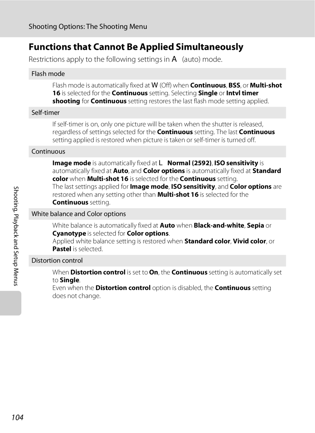 Nikon COOLPIXS220GB, COOLPIXS220P user manual Functions that Cannot Be Applied Simultaneously, 104, Flash mode, Self-timer 