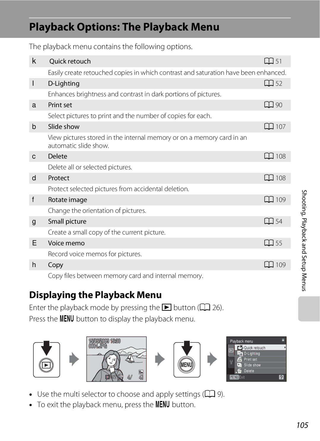 Nikon COOLPIXS220P, COOLPIXS220CB, COOLPIXS220GB Playback Options The Playback Menu, Displaying the Playback Menu, 105 