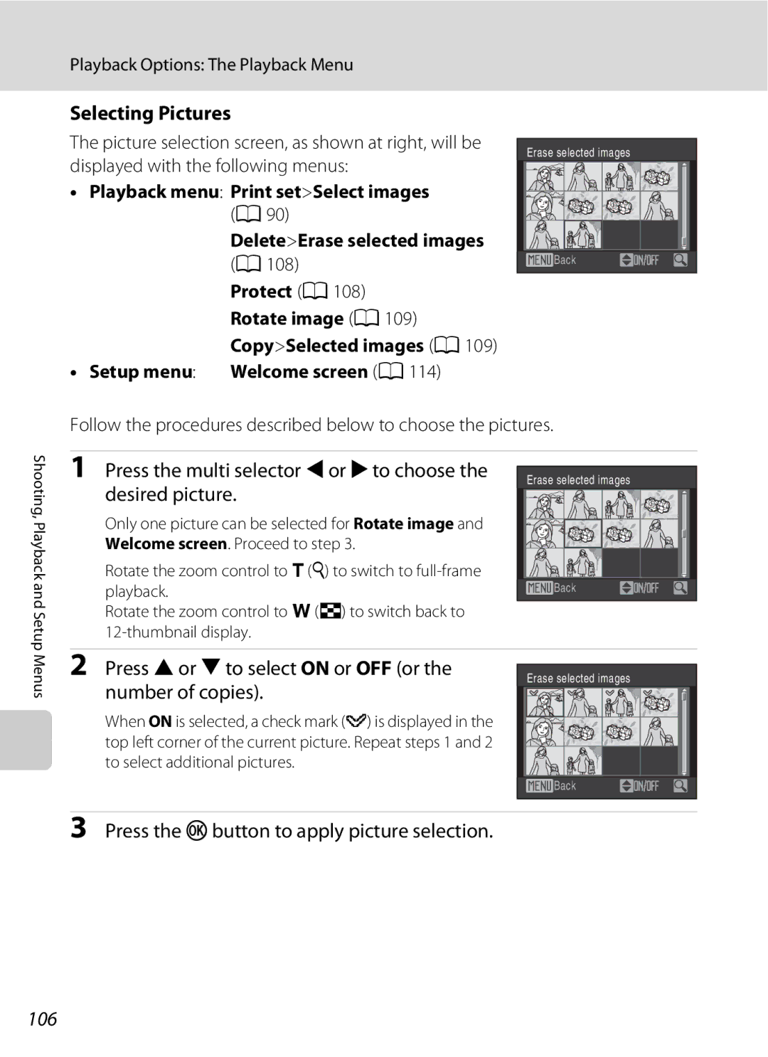 Nikon COOLPIXS220CB, COOLPIXS220P Selecting Pictures, Press H or I to select on or OFF or the number of copies, 106 