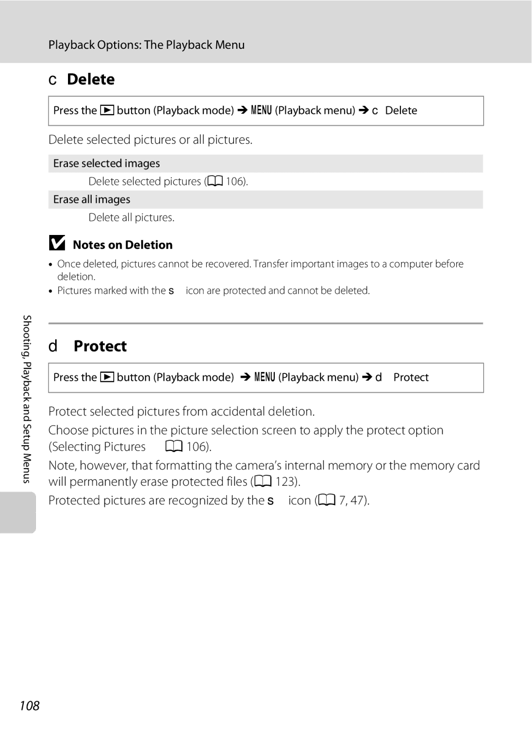 Nikon COOLPIXS220P, COOLPIXS220CB, COOLPIXS220GB user manual Protect, 108, Delete selected pictures or all pictures 