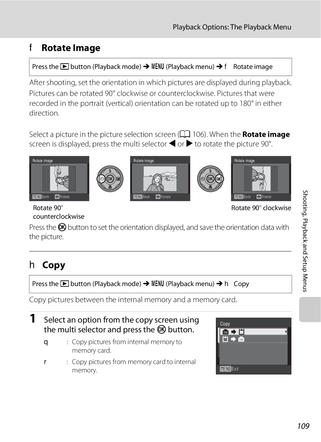 Nikon COOLPIXS220CB, COOLPIXS220P FRotate Image, 109, Copy pictures between the internal memory and a memory card 