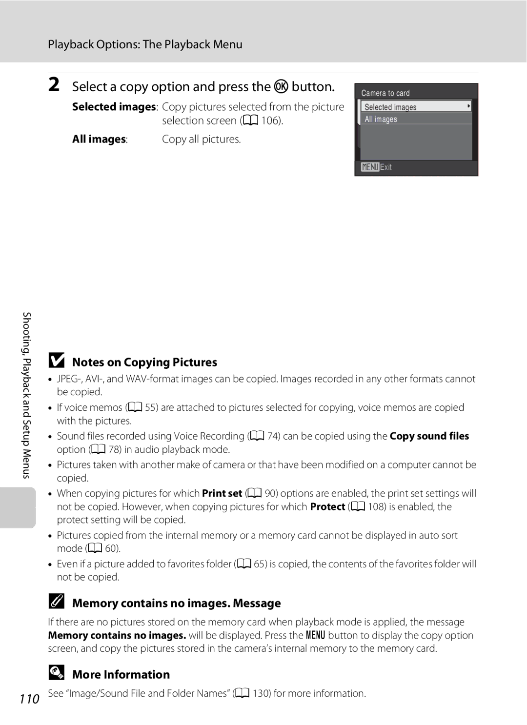 Nikon COOLPIXS220GB user manual Select a copy option and press the k button, Memory contains no images. Message, All images 