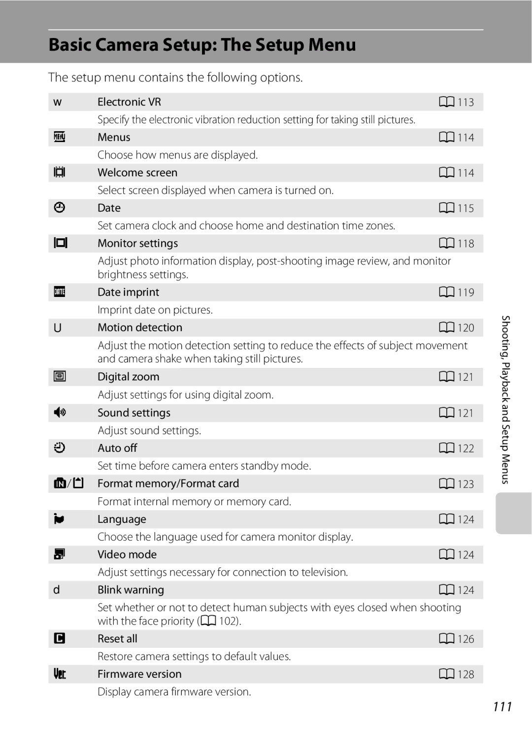 Nikon COOLPIXS220P Basic Camera Setup The Setup Menu, 111, Setup menu contains the following options, Electronic VR 113 