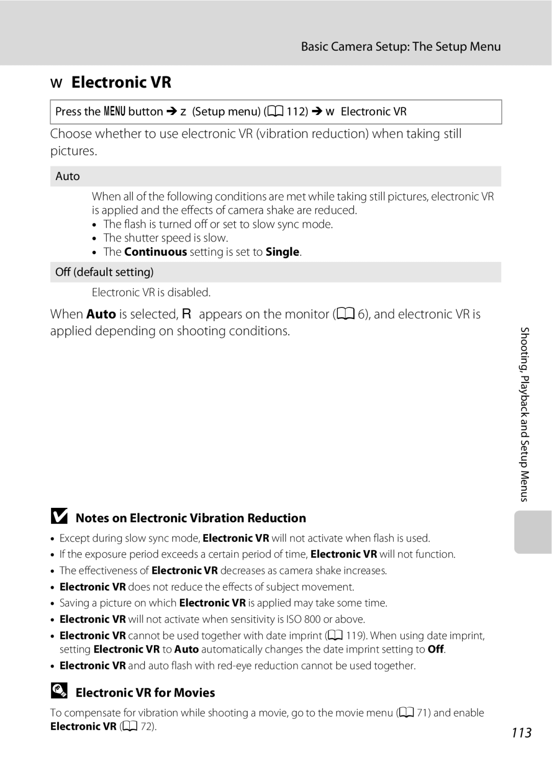 Nikon COOLPIXS220GB WElectronic VR, 113, Electronic VR for Movies, Press the dbutton M zSetup menu a 112 Mw Electronic VR 