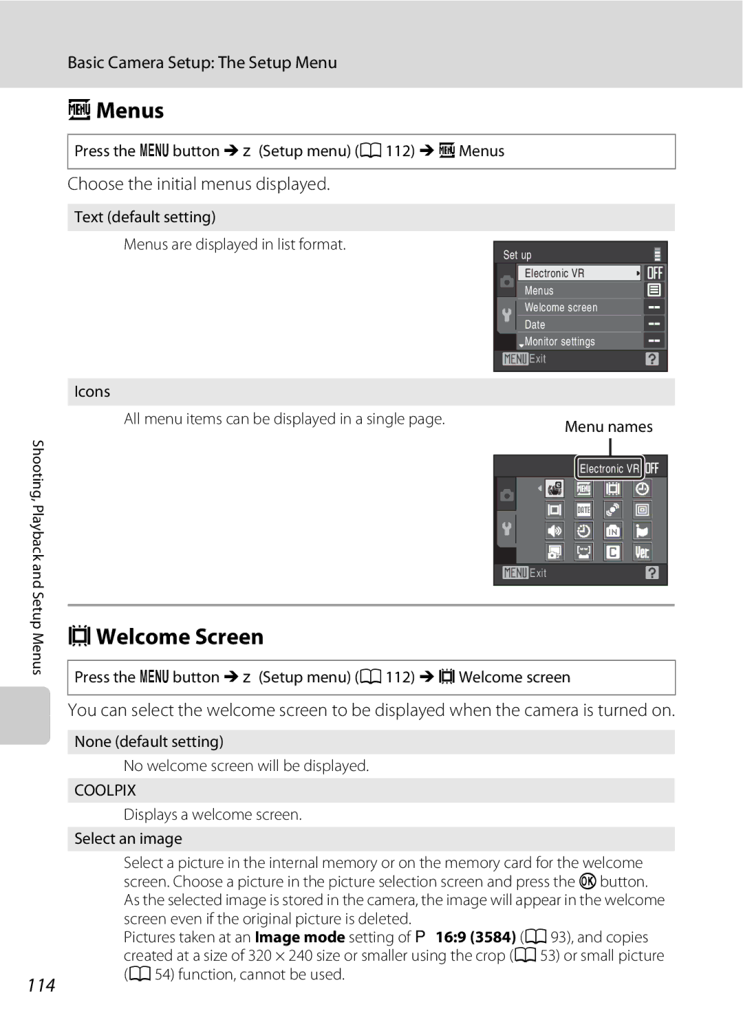 Nikon COOLPIXS220P, COOLPIXS220CB, COOLPIXS220GB user manual Menus, CWelcome Screen, Choose the initial menus displayed 