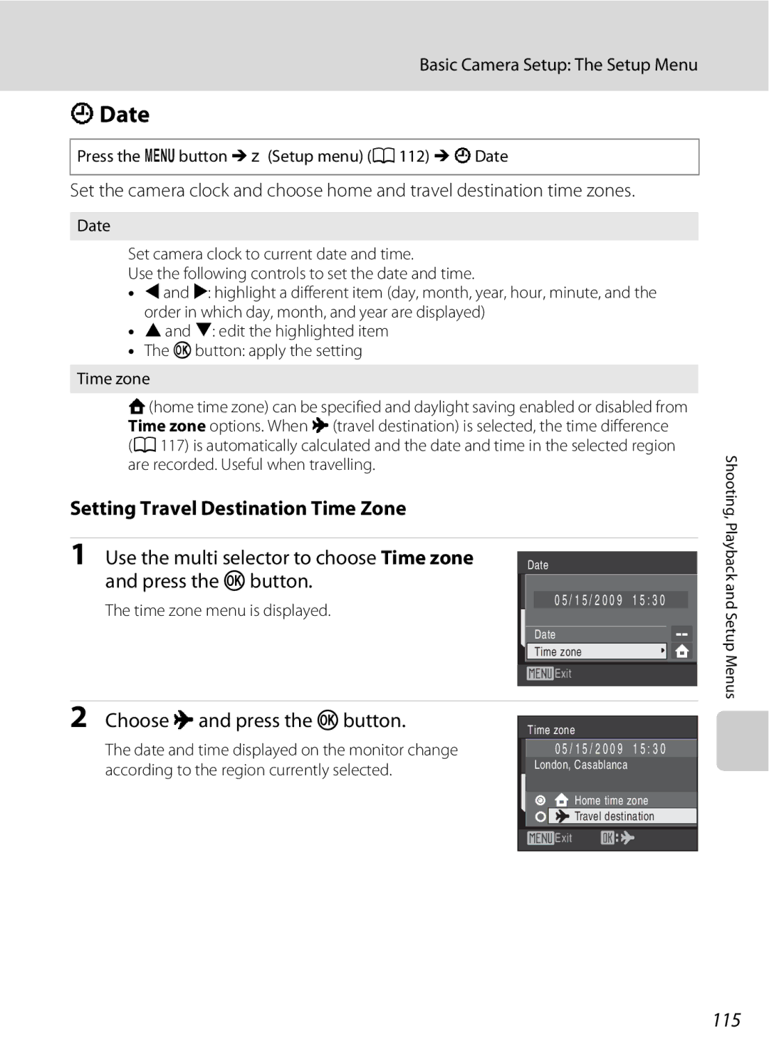 Nikon COOLPIXS220CB, COOLPIXS220P Date, Setting Travel Destination Time Zone, Choose x and press the kbutton, 115 