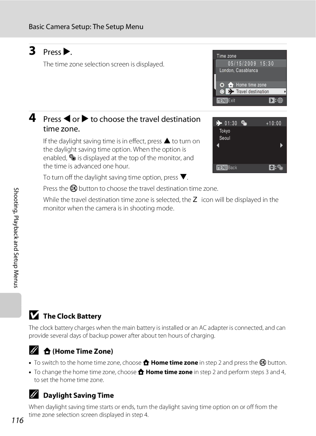 Nikon COOLPIXS220GB Press K, Press Jor K to choose the travel destination time zone, Clock Battery, WHome Time Zone 