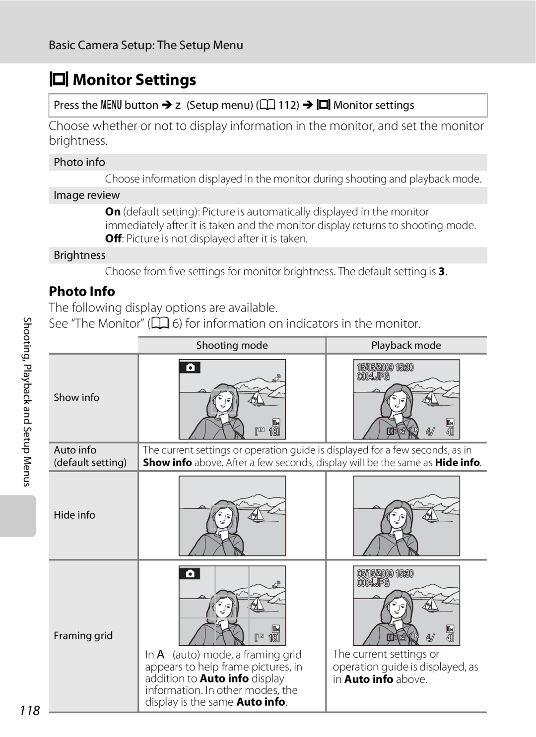 Nikon COOLPIXS220CB, COOLPIXS220P, COOLPIXS220GB user manual EMonitor Settings, 118, Photo Info, Auto info above 