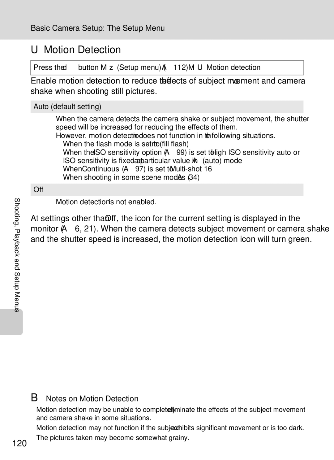 Nikon COOLPIXS220P, COOLPIXS220CB Motion Detection, 120, Press the dbutton Mz Setup menu A112 MU Motion detection 