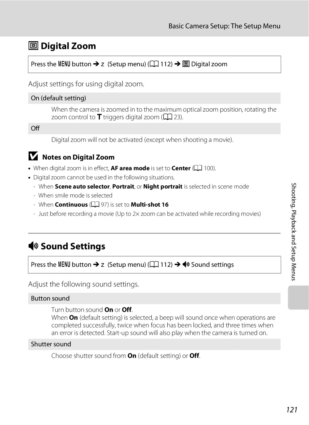 Nikon COOLPIXS220CB, COOLPIXS220P user manual UDigital Zoom, ISound Settings, 121, Adjust settings for using digital zoom 