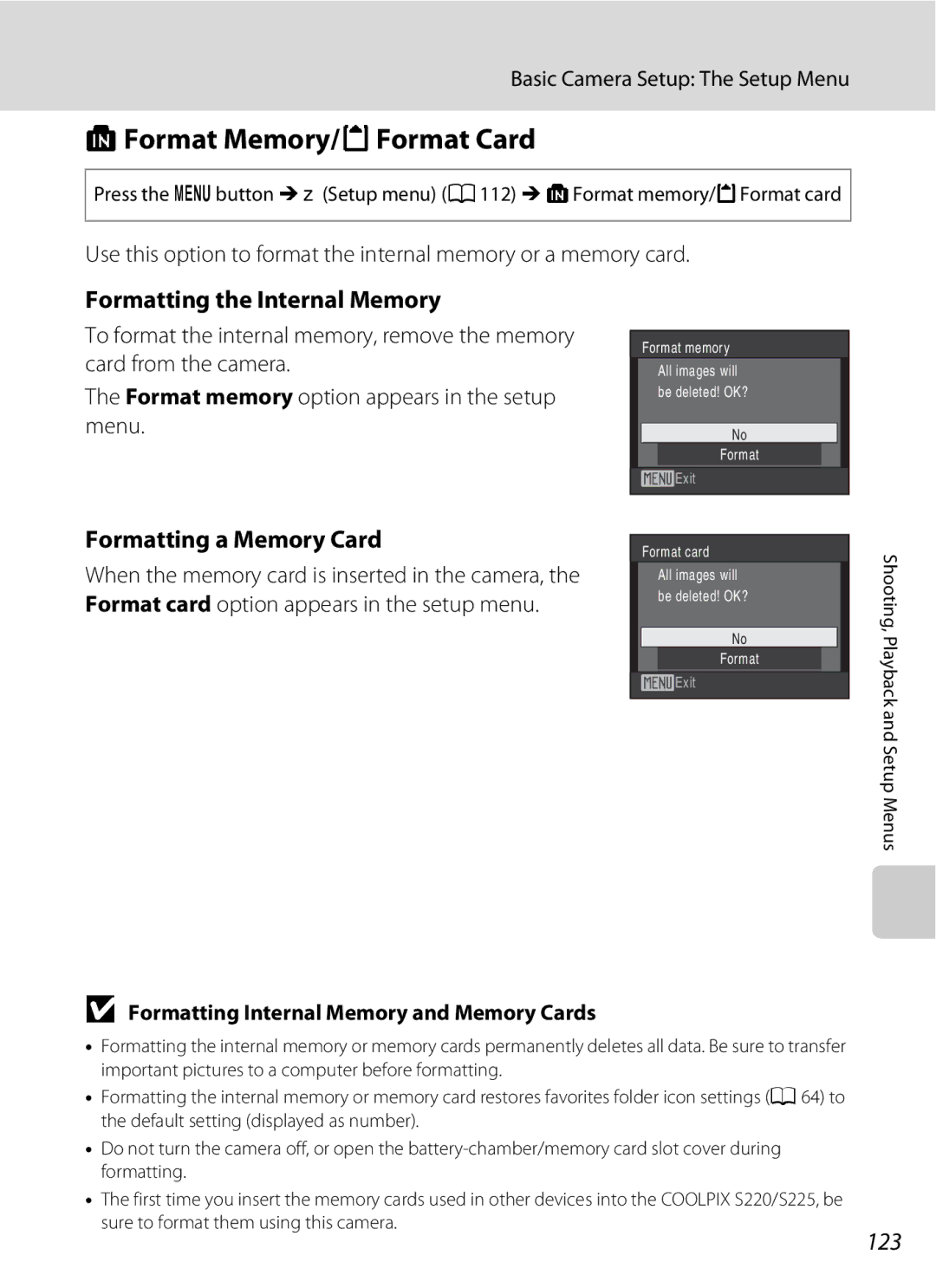 Nikon COOLPIXS220P user manual LFormat Memory/mFormat Card, Formatting the Internal Memory, Formatting a Memory Card, 123 