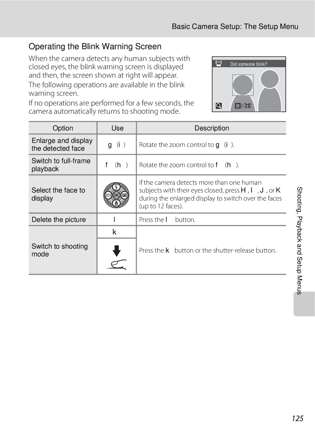 Nikon COOLPIXS220GB, COOLPIXS220P, COOLPIXS220CB user manual Operating the Blink Warning Screen, 125, Up to 12 faces 