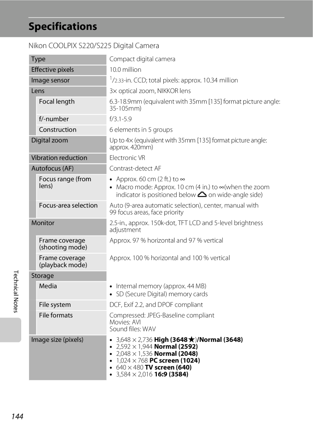 Nikon COOLPIXS220P, COOLPIXS220CB, COOLPIXS220GB user manual Specifications, 144, Nikon Coolpix S220/S225 Digital Camera 