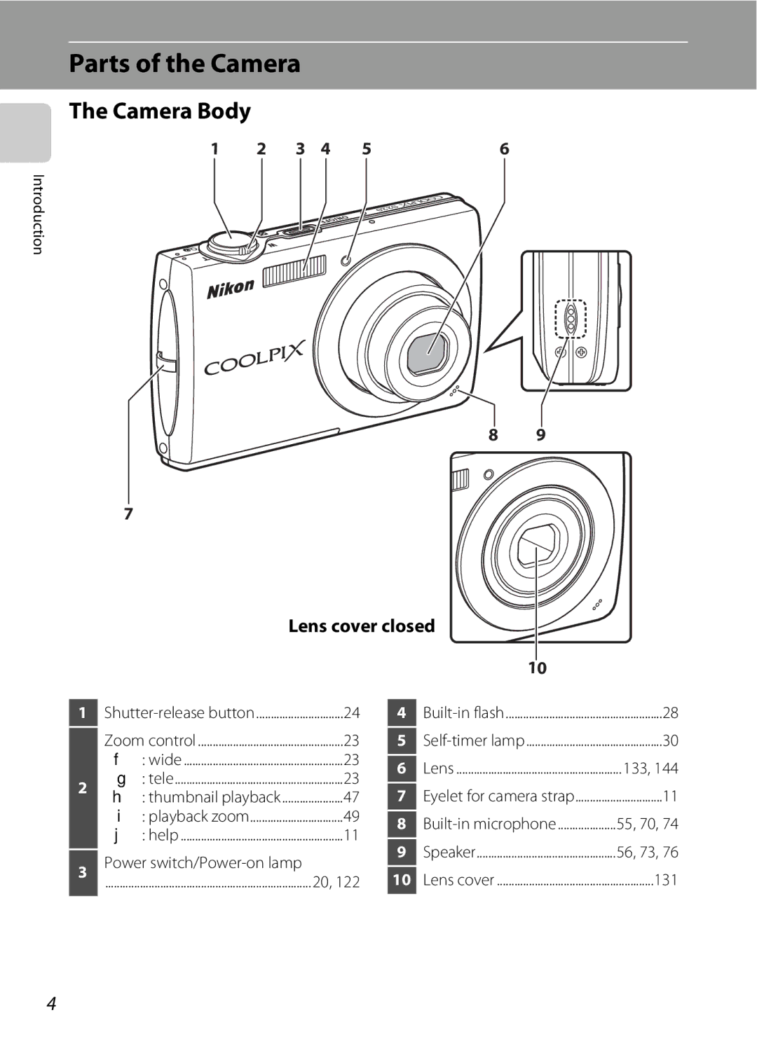 Nikon COOLPIXS220CB, COOLPIXS220P, COOLPIXS220GB user manual Parts of the Camera, Camera Body, Lens cover closed, 131 