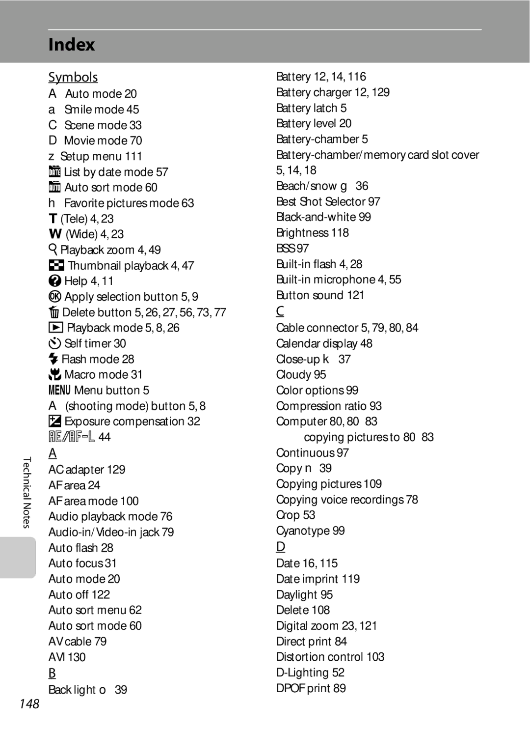 Nikon COOLPIXS220CB, COOLPIXS220P, COOLPIXS220GB Index, Symbols, 148, Shooting mode button 5, 8 o Exposure compensation 