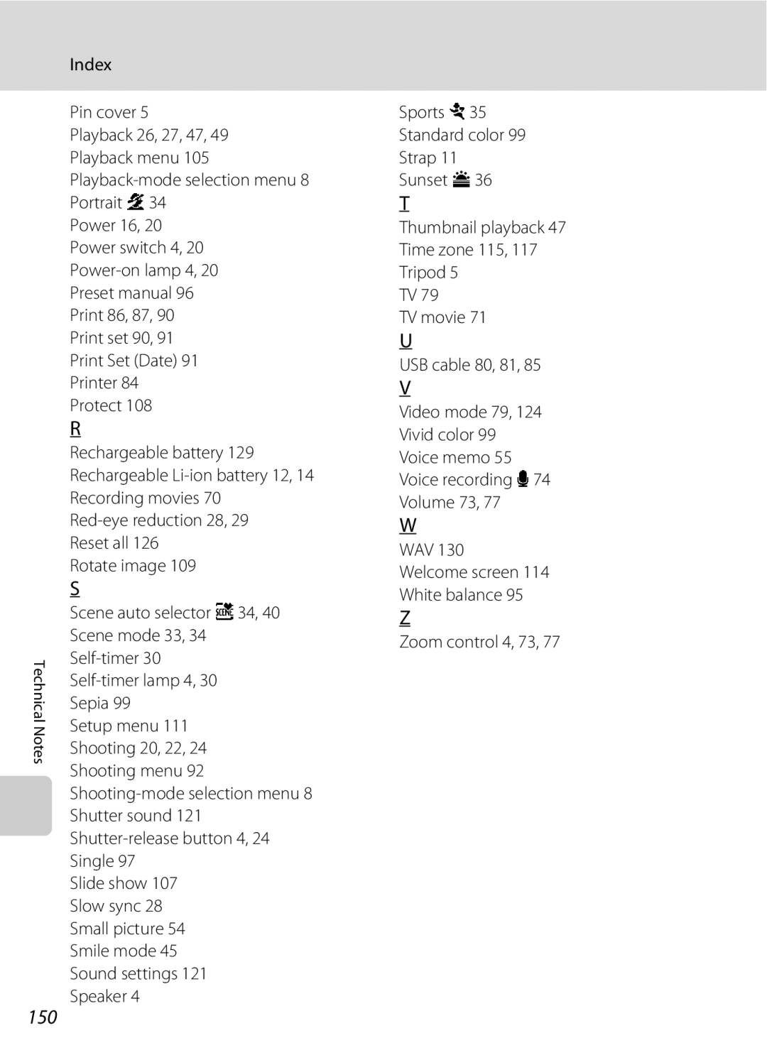 Nikon COOLPIXS220P, COOLPIXS220CB, COOLPIXS220GB user manual 150, Index, Zoom control 4, 73 