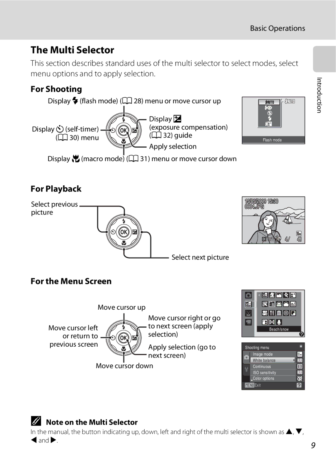 Nikon COOLPIXS220P, COOLPIXS220CB Multi Selector, For Shooting, For Playback, For the Menu Screen, Basic Operations 