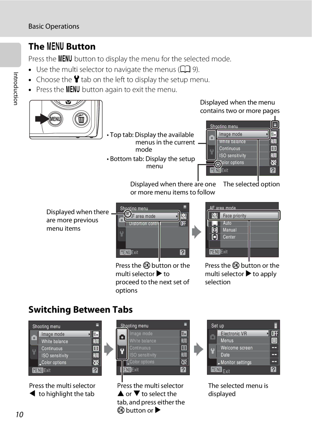 Nikon COOLPIXS220CB DButton, Switching Between Tabs, Bottom tab Display the setup menu, Selected menu is displayed 