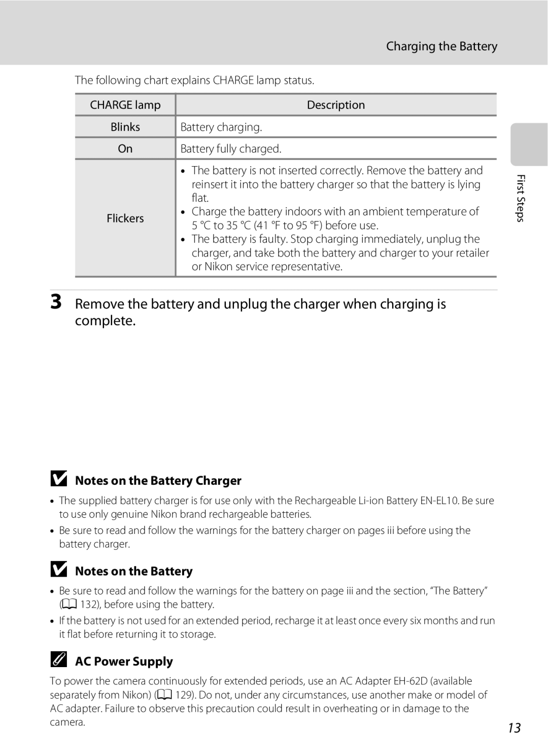 Nikon COOLPIXS220CB, COOLPIXS220P, COOLPIXS220GB user manual Charging the Battery, AC Power Supply 