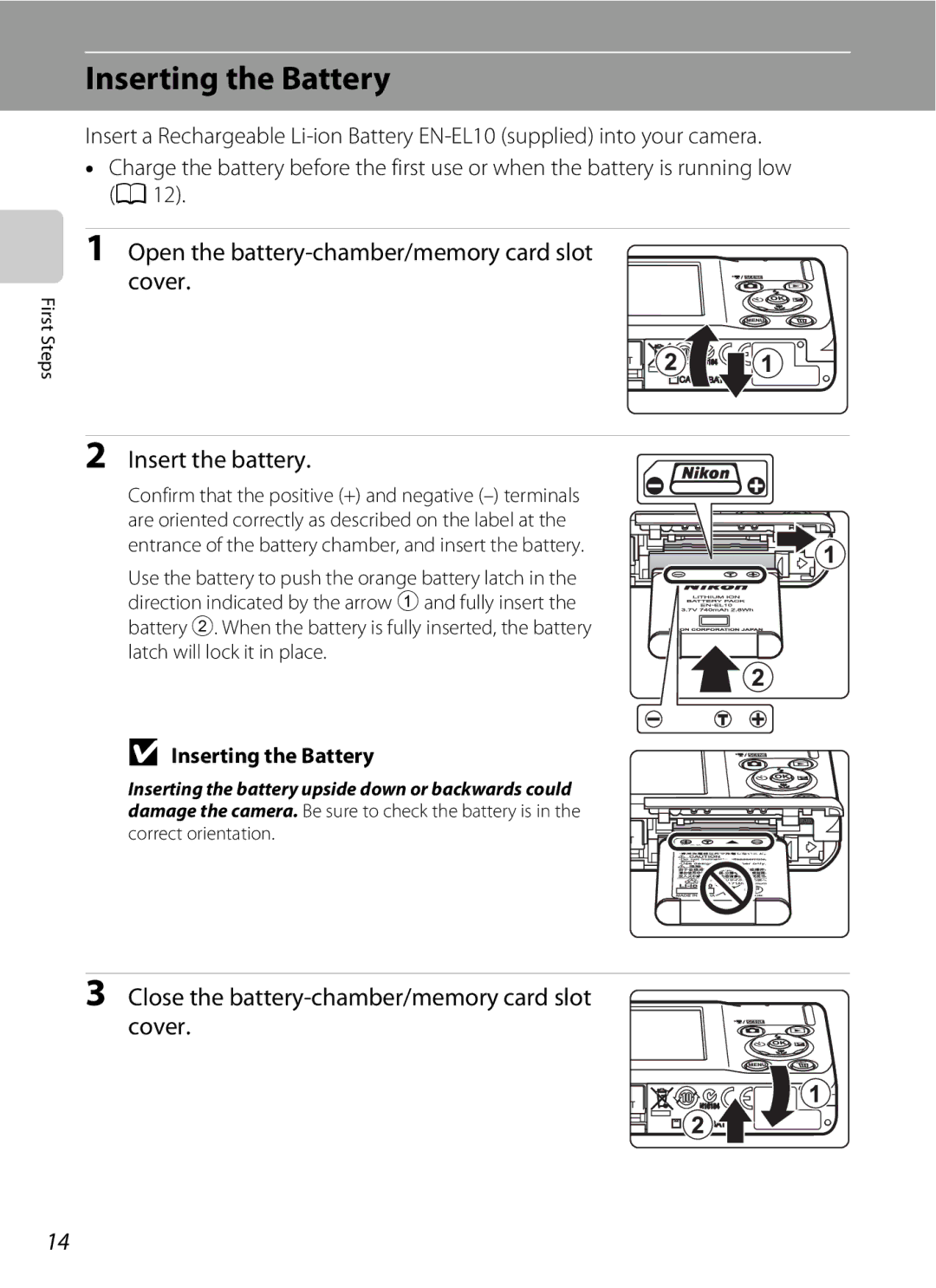 Nikon COOLPIXS220GB user manual Inserting the Battery, Open the battery-chamber/memory card slot Cover, Insert the battery 