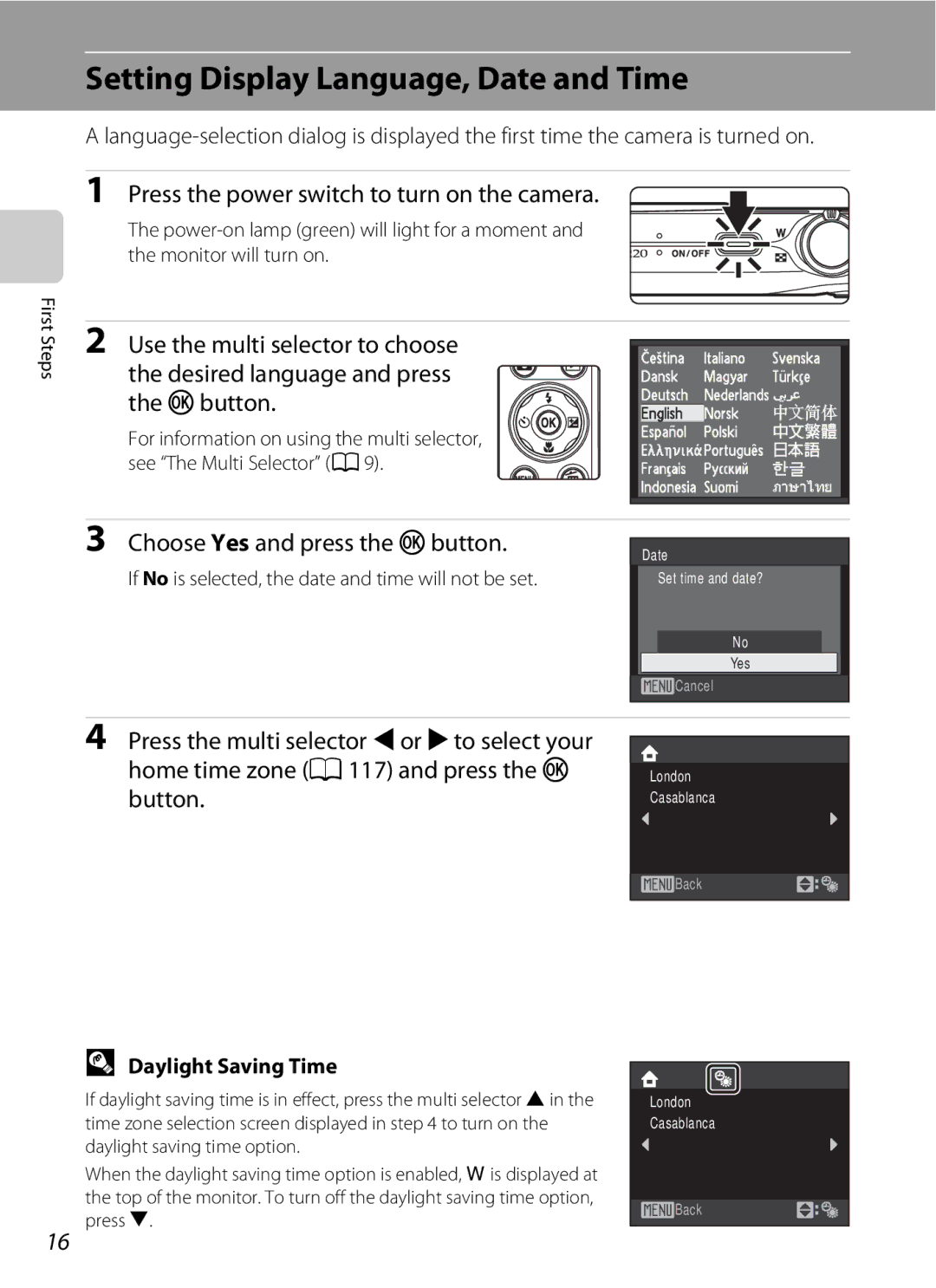 Nikon COOLPIXS220CB Setting Display Language, Date and Time, Press the power switch to turn on the camera, Button 