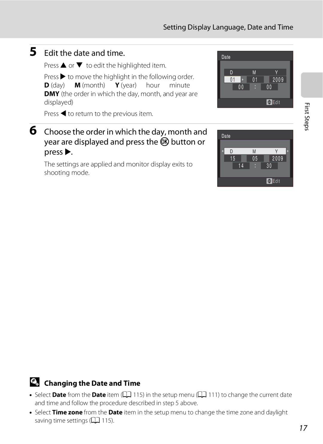 Nikon COOLPIXS220GB user manual Edit the date and time, Setting Display Language, Date and Time, Changing the Date and Time 