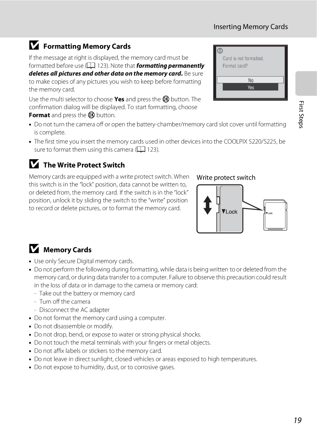 Nikon COOLPIXS220CB, COOLPIXS220P, COOLPIXS220GB user manual Formatting Memory Cards, Write Protect Switch 