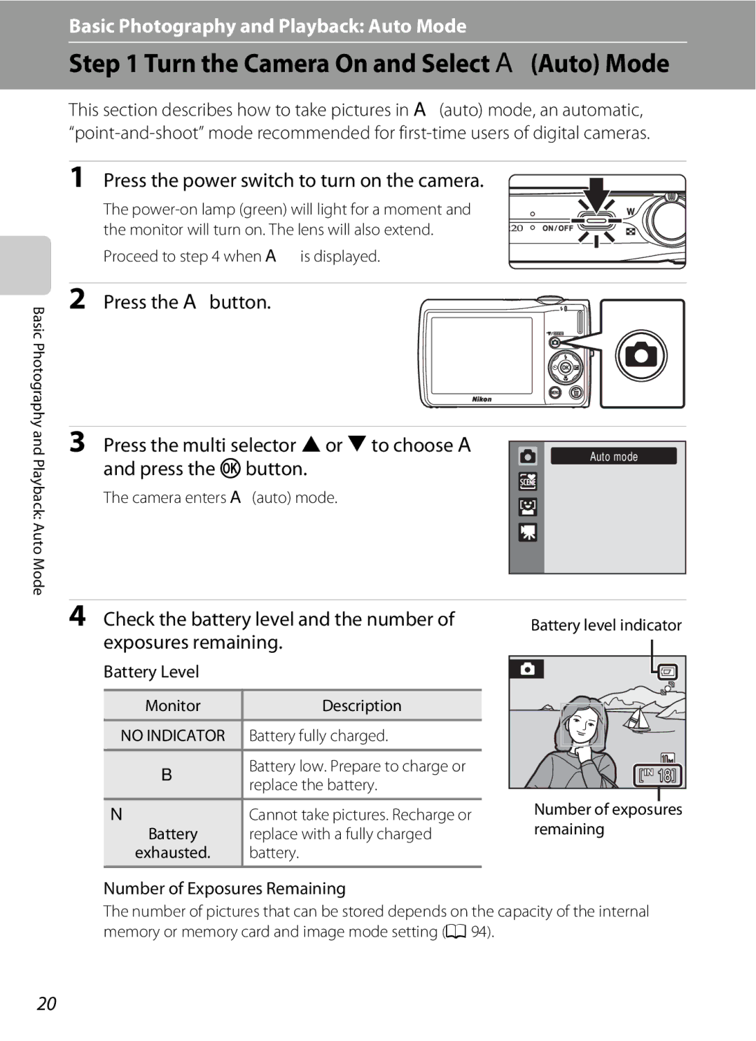 Nikon COOLPIXS220GB Turn the Camera On and Select AAuto Mode, Press the kbutton, Check the battery level and the number 