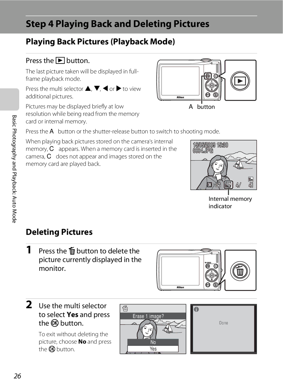 Nikon COOLPIXS220GB user manual Playing Back and Deleting Pictures, Playing Back Pictures Playback Mode, Press the c button 