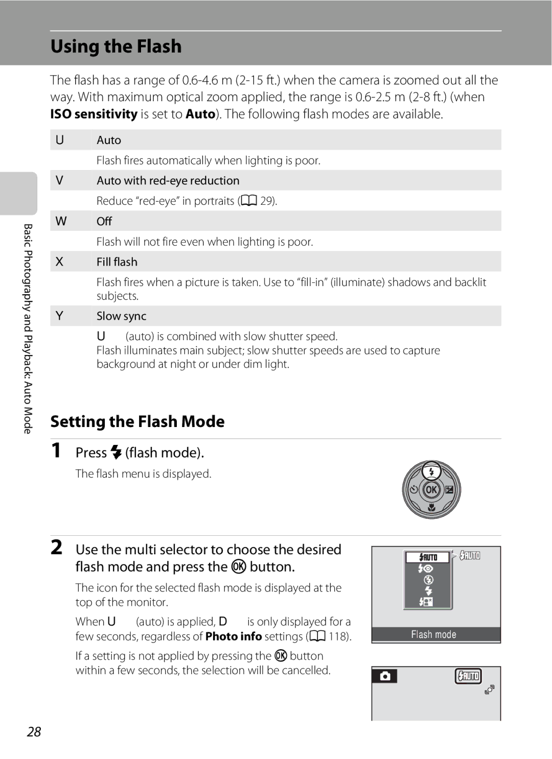 Nikon COOLPIXS220CB, COOLPIXS220P Using the Flash, Setting the Flash Mode, Press mflash mode, Flash menu is displayed 