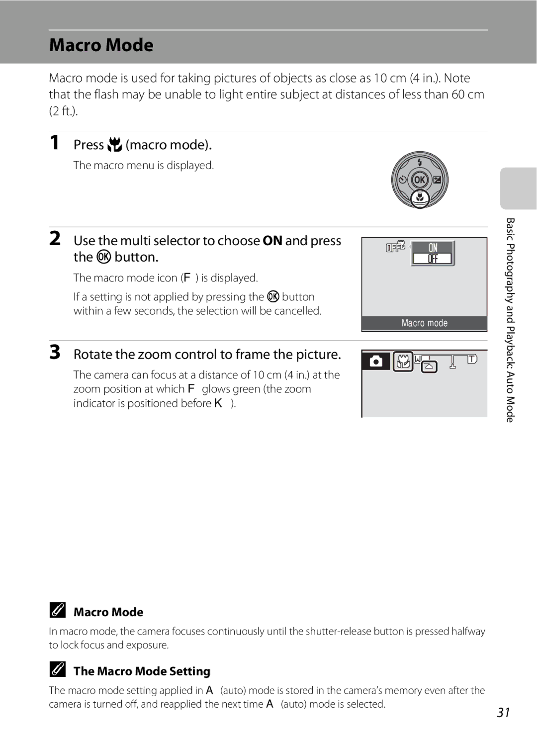 Nikon COOLPIXS220CB user manual Macro Mode, Press p macro mode, Use the multi selector to choose on and press the k button 