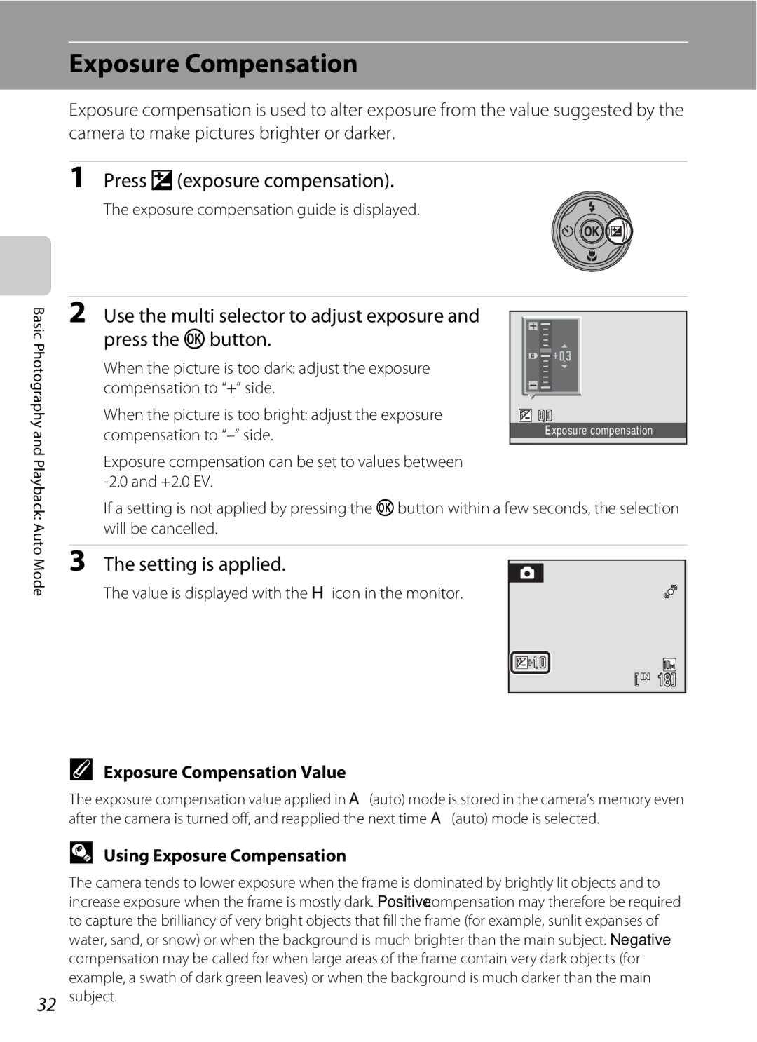 Nikon COOLPIXS220GB, COOLPIXS220P Press o exposure compensation, Setting is applied, Exposure Compensation Value 