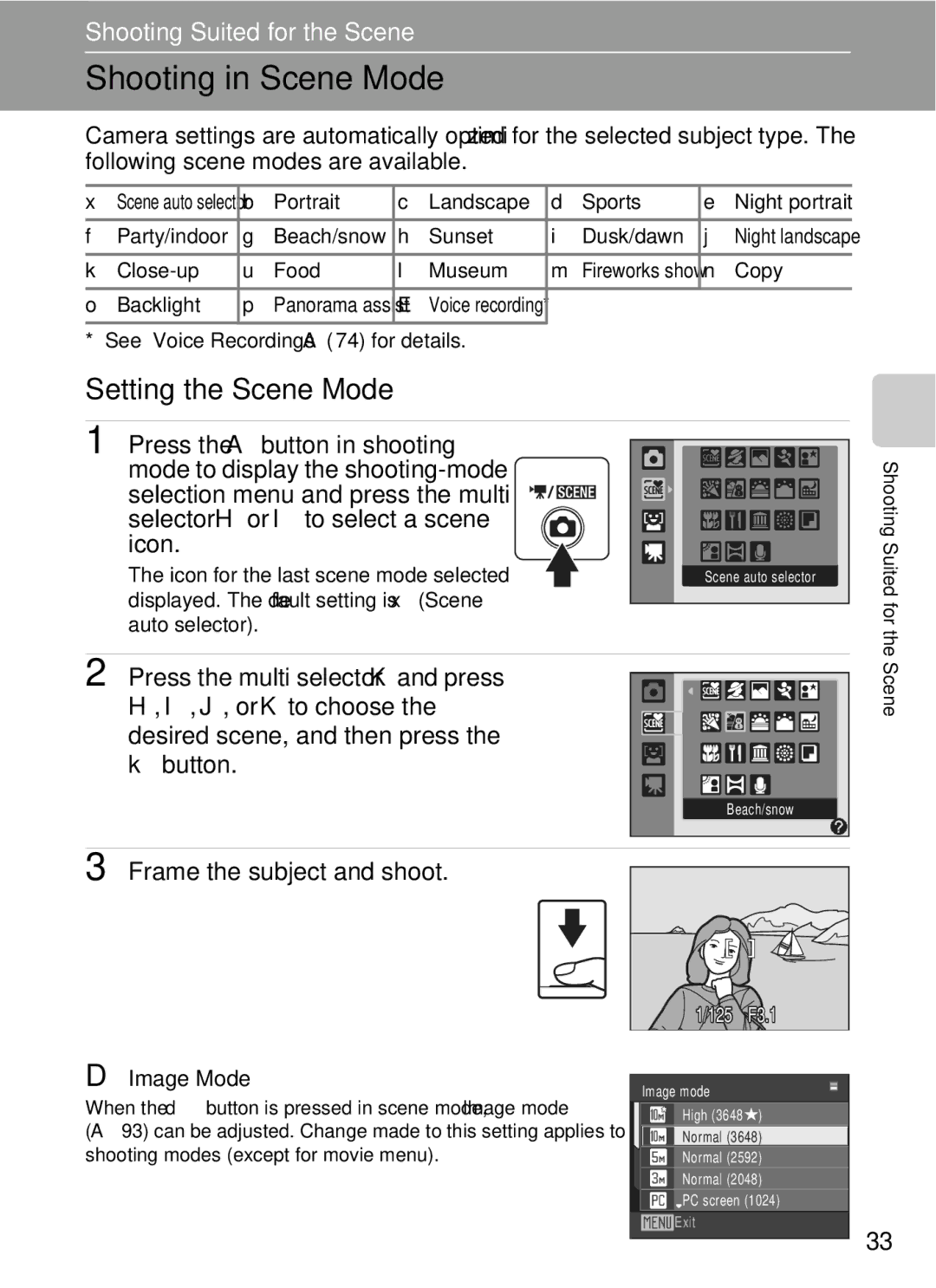 Nikon COOLPIXS220P, COOLPIXS220CB Shooting in Scene Mode, Setting the Scene Mode, Frame the subject and shoot, Image Mode 