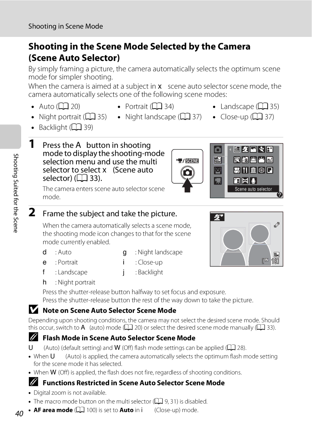 Nikon COOLPIXS220CB, COOLPIXS220P Frame the subject and take the picture, Flash Mode in Scene Auto Selector Scene Mode 