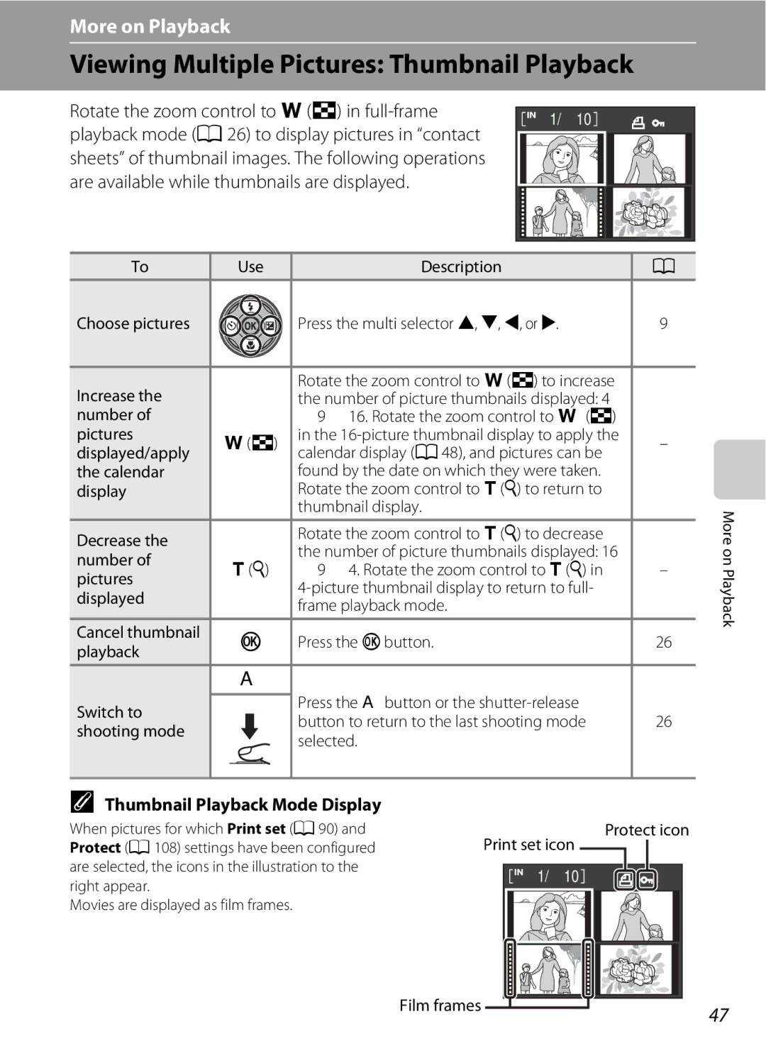 Nikon COOLPIXS220GB, COOLPIXS220P user manual Viewing Multiple Pictures Thumbnail Playback, Thumbnail Playback Mode Display 