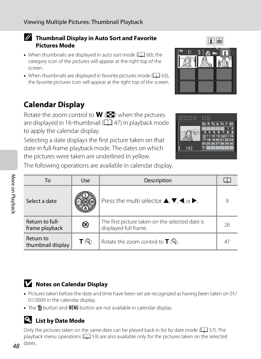 Nikon COOLPIXS220P Calendar Display, Viewing Multiple Pictures Thumbnail Playback, Press the multi selector H, I, J, or K 